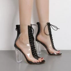 Boogzel Apparel Nude Clear Lace Up Heels