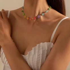 Boogzel Apparel Y2K Rainbow Flower Beaded Necklace Y2K OUTFITS