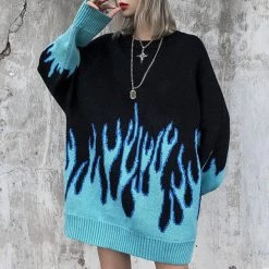Boogzel Apparel GRUNGE CLOTHES Vintage Blue Flame Sweater