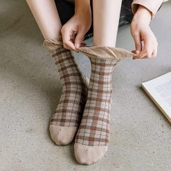 Boogzel Apparel Brown Plaid Frilly Socks