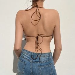 Boogzel Apparel Brown Satin Scarf Top Y2K OUTFITS