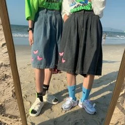 Boogzel Apparel GRUNGE CLOTHES Butterfly Embroidery Denim Shorts