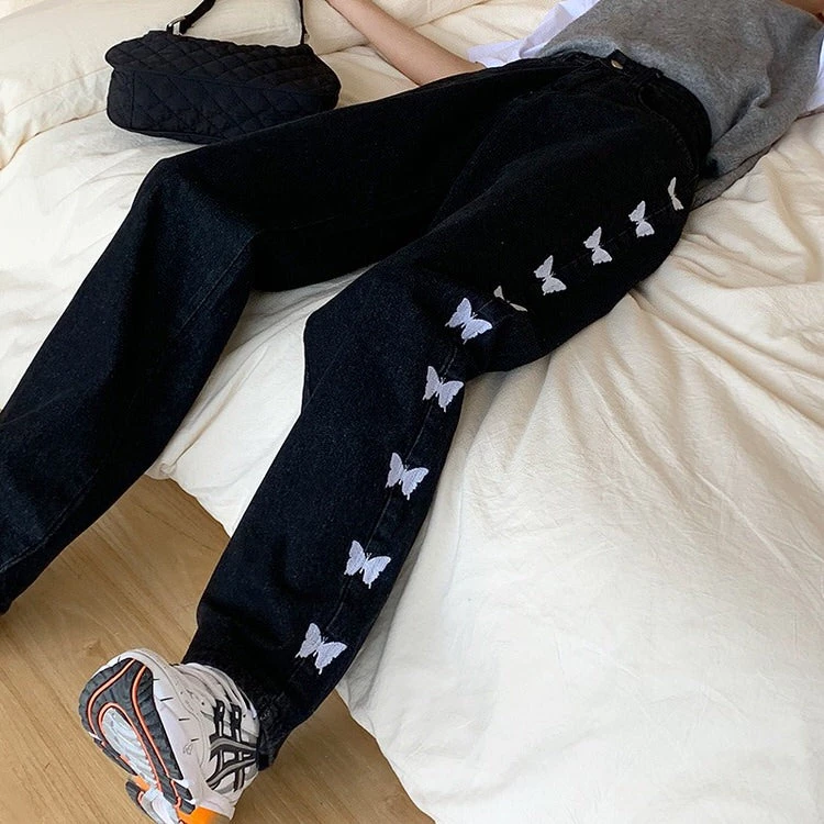 Boogzel Apparel Butterfly Embroidery Wide Jeans GRUNGE CLOTHES 2 Boogzel Apparel Butterfly Embroidery Wide Jeans GRUNGE CLOTHES