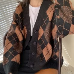 Boogzel Apparel PREPPY CLOTHES Chocolate Argyle Knit Cardigan
