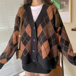 Boogzel Apparel PREPPY CLOTHES Chocolate Argyle Knit Cardigan