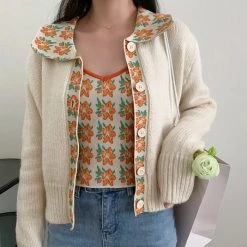 Boogzel Apparel Orange Flower Knit Cardigan COTTAGECORE / ARTSY