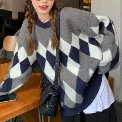 Boogzel Apparel Mocha Fuzzy Argyle Sweater GRANDMA AESTHETIC