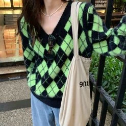 Boogzel Apparel Fuzzy Argyle Sweater PREPPY CLOTHES