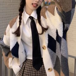 Boogzel Apparel Grandma Aesthetic Argyle Cardigan PREPPY CLOTHES