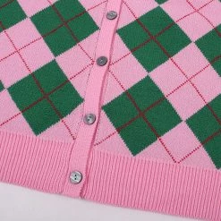 Boogzel Apparel INDIE CLOTHES Green & Pink Argyle Pattern Cardigan