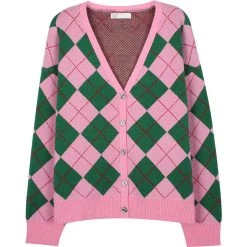 Boogzel Apparel INDIE CLOTHES Green & Pink Argyle Pattern Cardigan