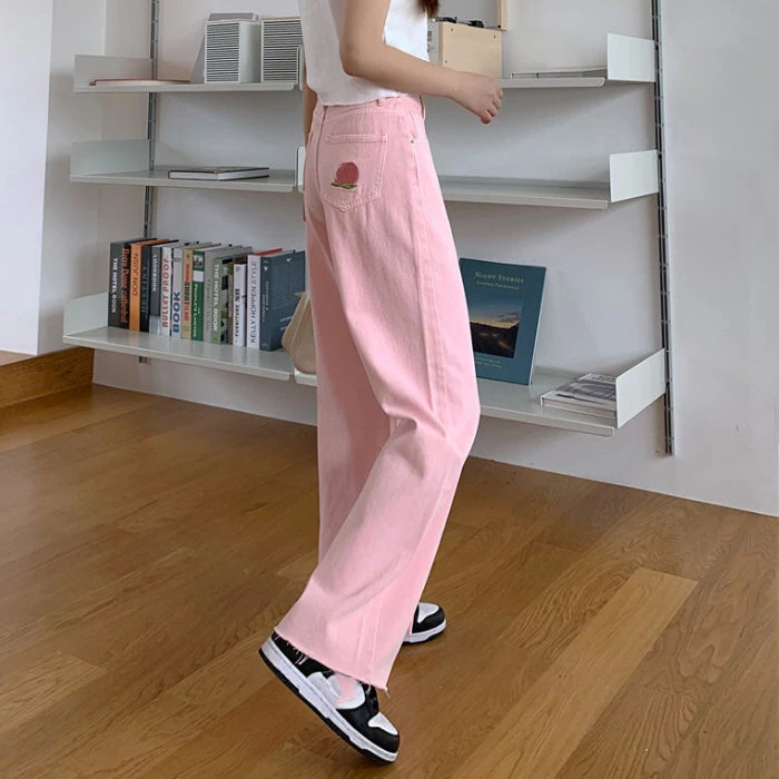 Boogzel Apparel Peach Embroidery Pink Jeans SOFT GIRL OUTFITS 2 Boogzel Apparel Peach Embroidery Pink Jeans SOFT GIRL OUTFITS