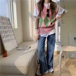 Boogzel Apparel Green & Pink Argyle Vest INDIE CLOTHES