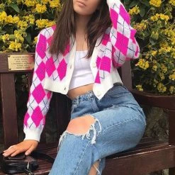 Boogzel Apparel Pink Argyle Check Cardigan PREPPY CLOTHES