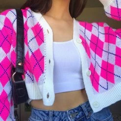 Boogzel Apparel Pink Argyle Check Cardigan PREPPY CLOTHES