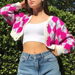 Boogzel Apparel Pink Argyle Check Cardigan PREPPY CLOTHES