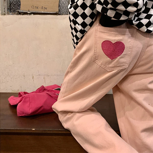 Boogzel Apparel Pink Heart Embroidery Jeans 1 Boogzel Apparel Pink Heart Embroidery Jeans