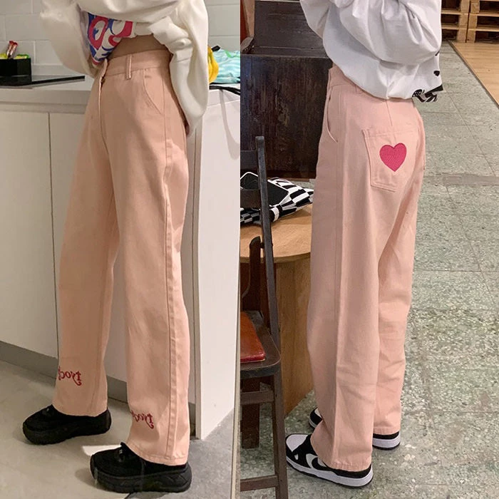 Boogzel Apparel Pink Heart Embroidery Jeans 3 Boogzel Apparel Pink Heart Embroidery Jeans