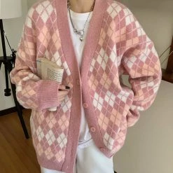 Boogzel Apparel Pink Argyle Knit Cardigan AESTHETIC CLOTHES
