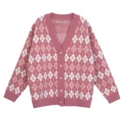 Boogzel Apparel Pink Argyle Knit Cardigan AESTHETIC CLOTHES