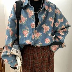 Boogzel Apparel Rose Print Denim Shirt COTTAGECORE / ARTSY