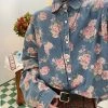 Boogzel Apparel Rose Print Denim Shirt COTTAGECORE / ARTSY