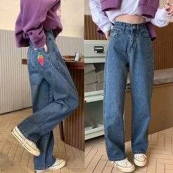 Boogzel Apparel Strawberry Embroidery Wide Jeans FRESH FRUITS