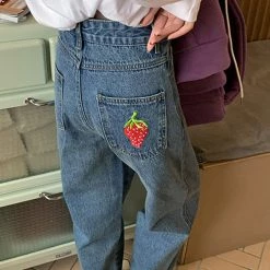 Boogzel Apparel Strawberry Embroidery Wide Jeans FRESH FRUITS