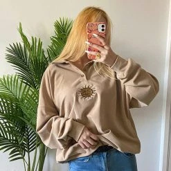 Boogzel Apparel Sun Embroidery Button Up Sweatshirt 90s & VINTAGE